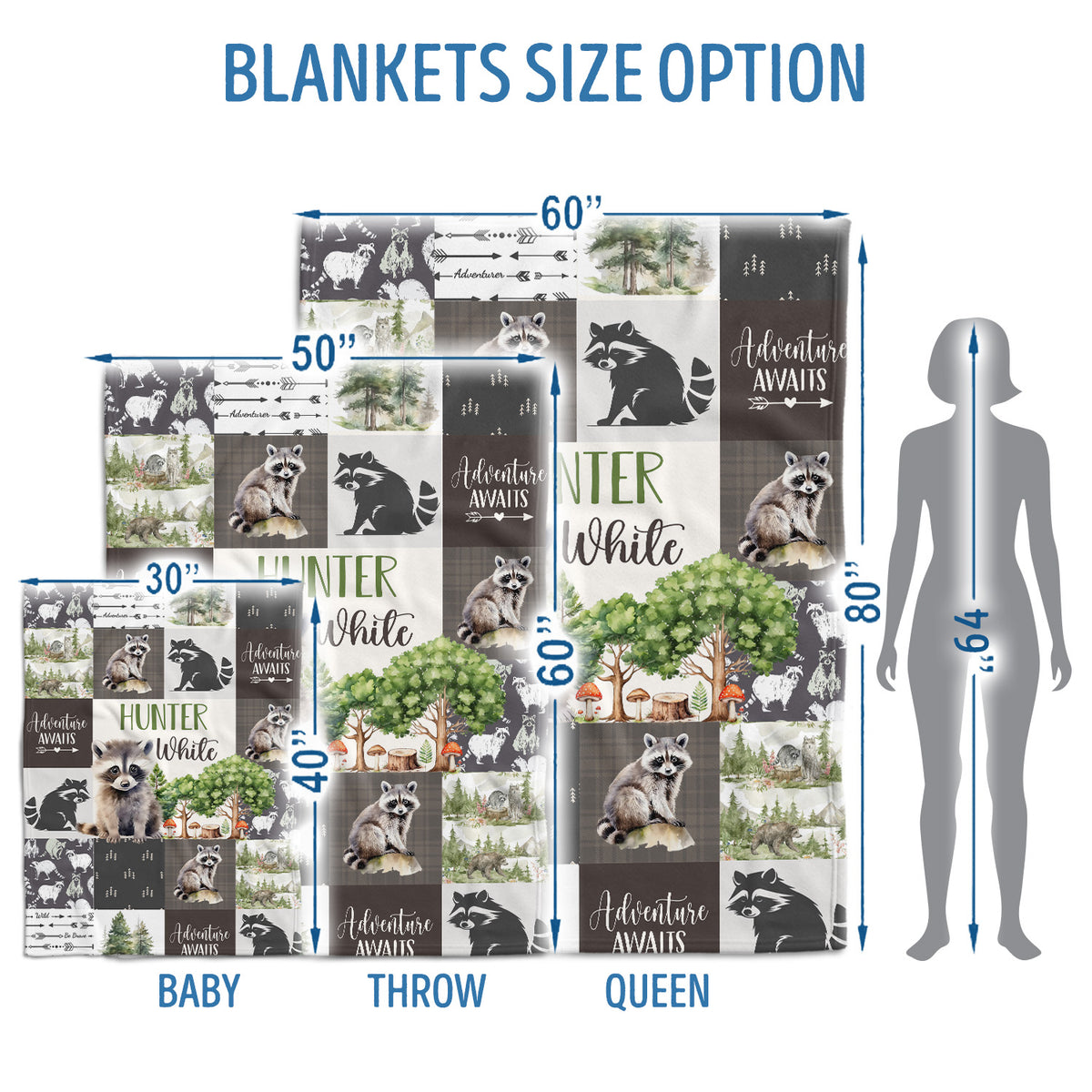 Personalized Woodland Baby Blanket for Boys Girls, Custom Name, Nursery Decor for Son Daughter (Raccoon)