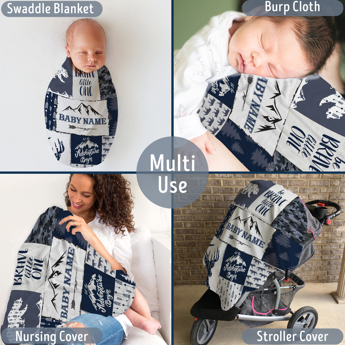 Personalized Woodland Baby Blankets, Blue Deer Bear Wolf Swaddle Blanket, 3 Sizes Plush Blankets for Son Baby Boys, Girls