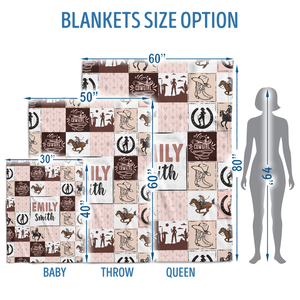 Personalized western blankets for baby girl - Custom cowboy & swaddle size options - Includes your daughter's name