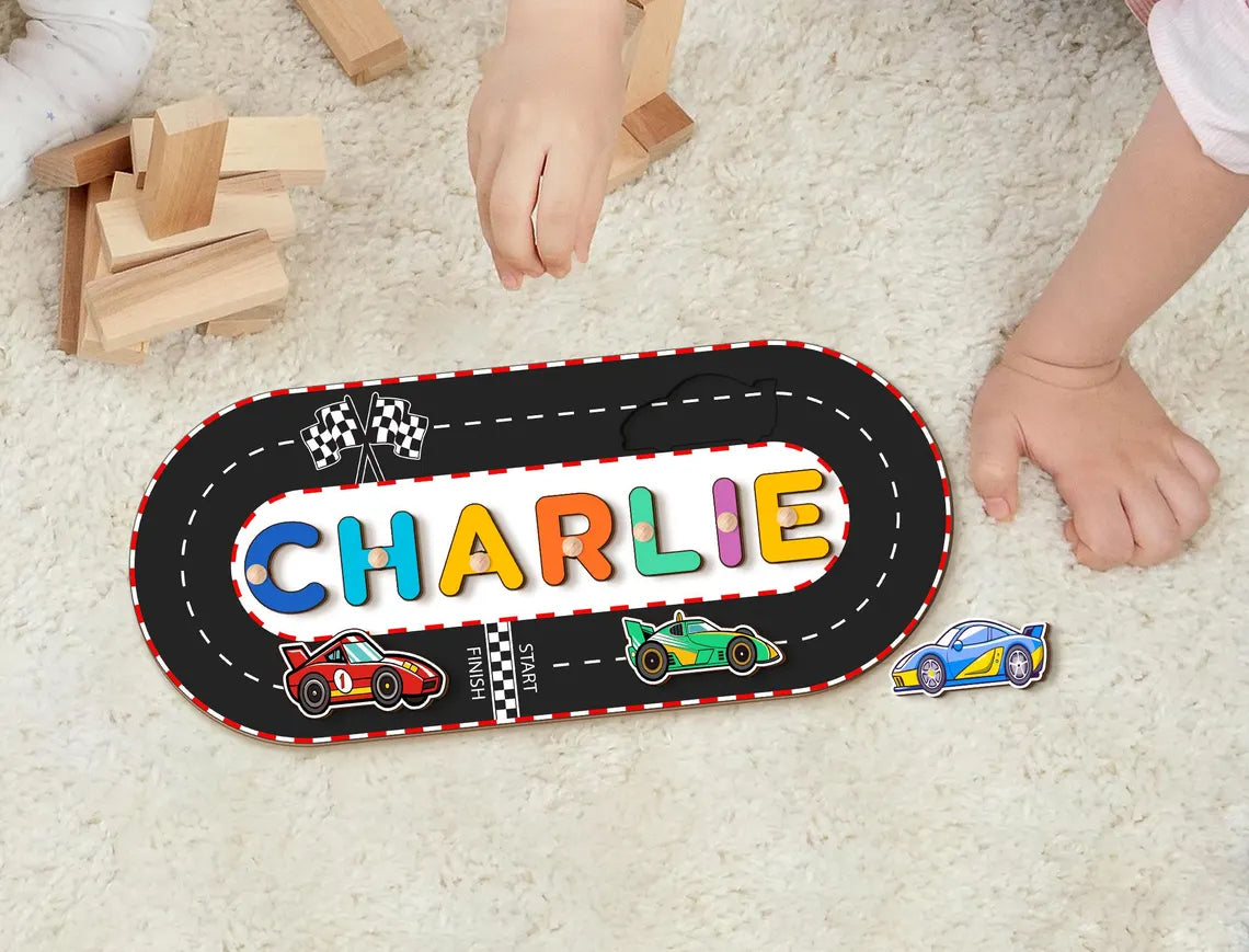Race Car Themed Name Puzzle, Personalized Name Puzzle For Toddlers, Name Puzzle With Cars
