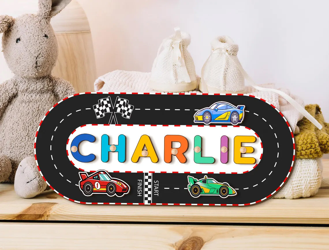 Race Car Themed Name Puzzle, Personalized Name Puzzle For Toddlers, Name Puzzle With Cars