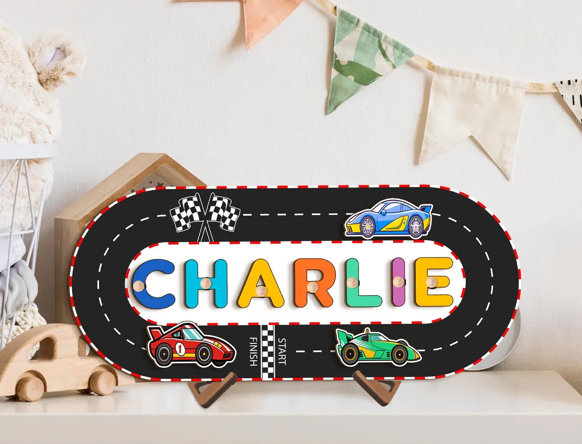 Race Car Themed Name Puzzle, Personalized Name Puzzle For Toddlers, Name Puzzle With Cars
