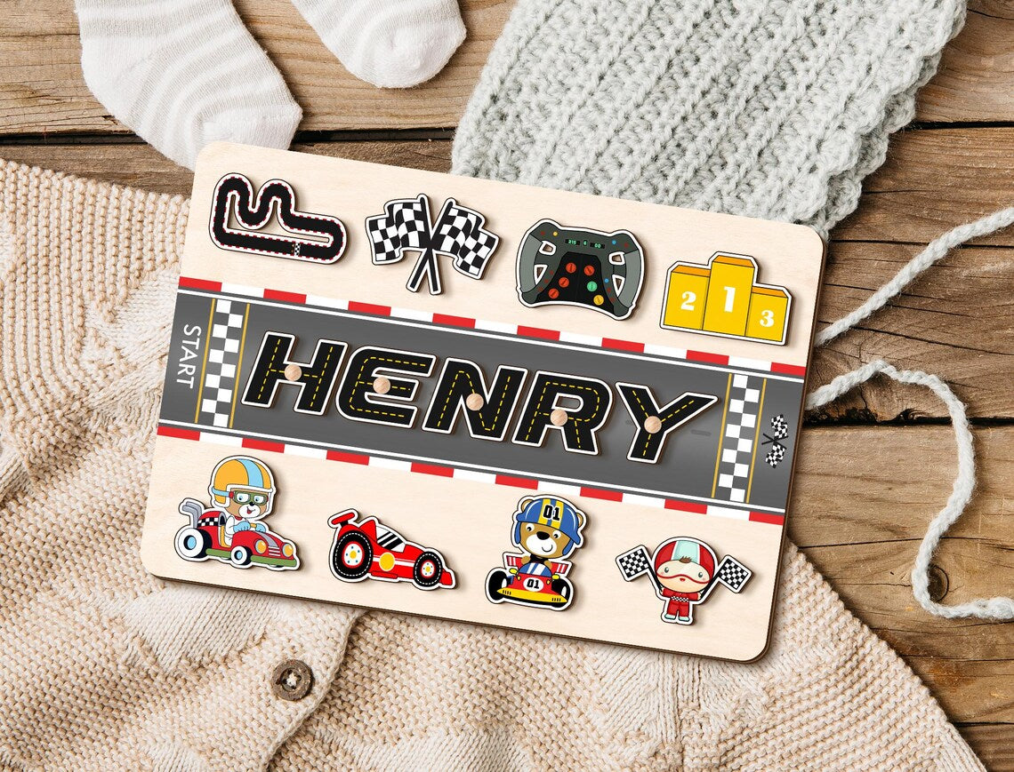 Racetrack Themed Custom Baby Name Puzzle, Racing Car Road Track Formula Birthday Gift, Wood Toddlers Toys