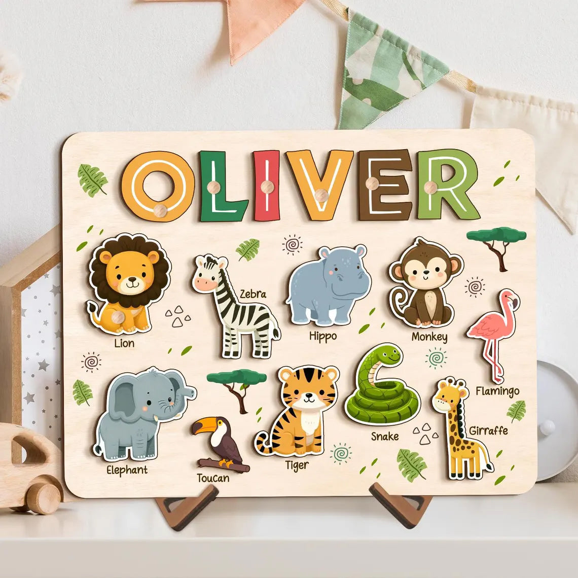 Safari Animal Name Puzzle for Kids, Personalized First Birthday Gift, Custom Toddler Wooden Puzzles, Unique New Baby Gift