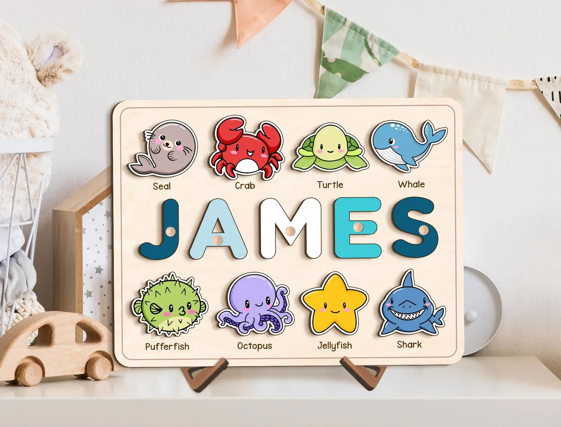 Sea Animals Puzzle for Baby Girl and Boy, Custom Handmade Name Puzzle, Personalized Gifts for Toddlers