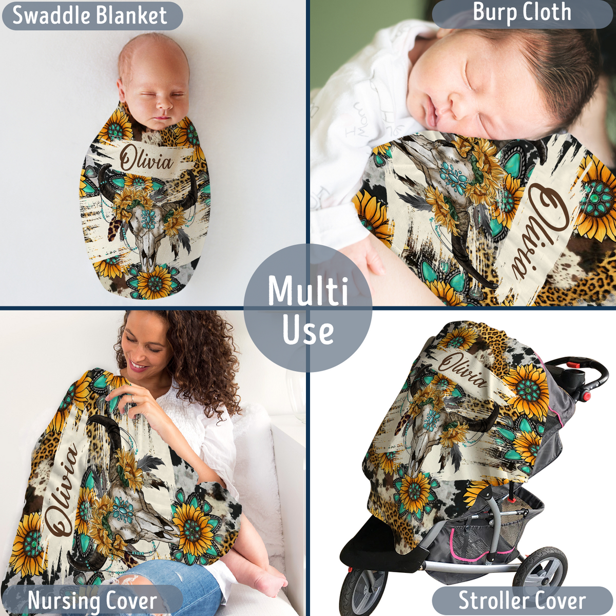 Sunflower Cow Skull Personalized Baby Blankets for Girls Boys, Custom Name Fleece Blankets for Newborn Infant Daughter