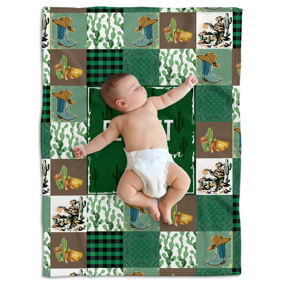 Western Baby Blankets, Green Cactus Pattern, Personalized, 100% Polyester, Soft & Silky, Unisex, Crib & Room Decor