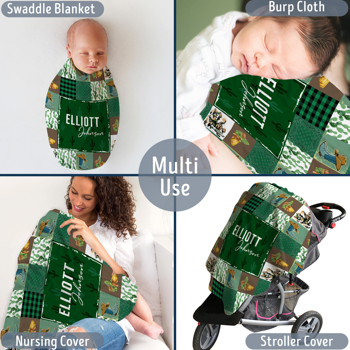 Western Baby Blankets, Green Cactus Pattern, Personalized, 100% Polyester, Soft & Silky, Unisex, Crib & Room Decor