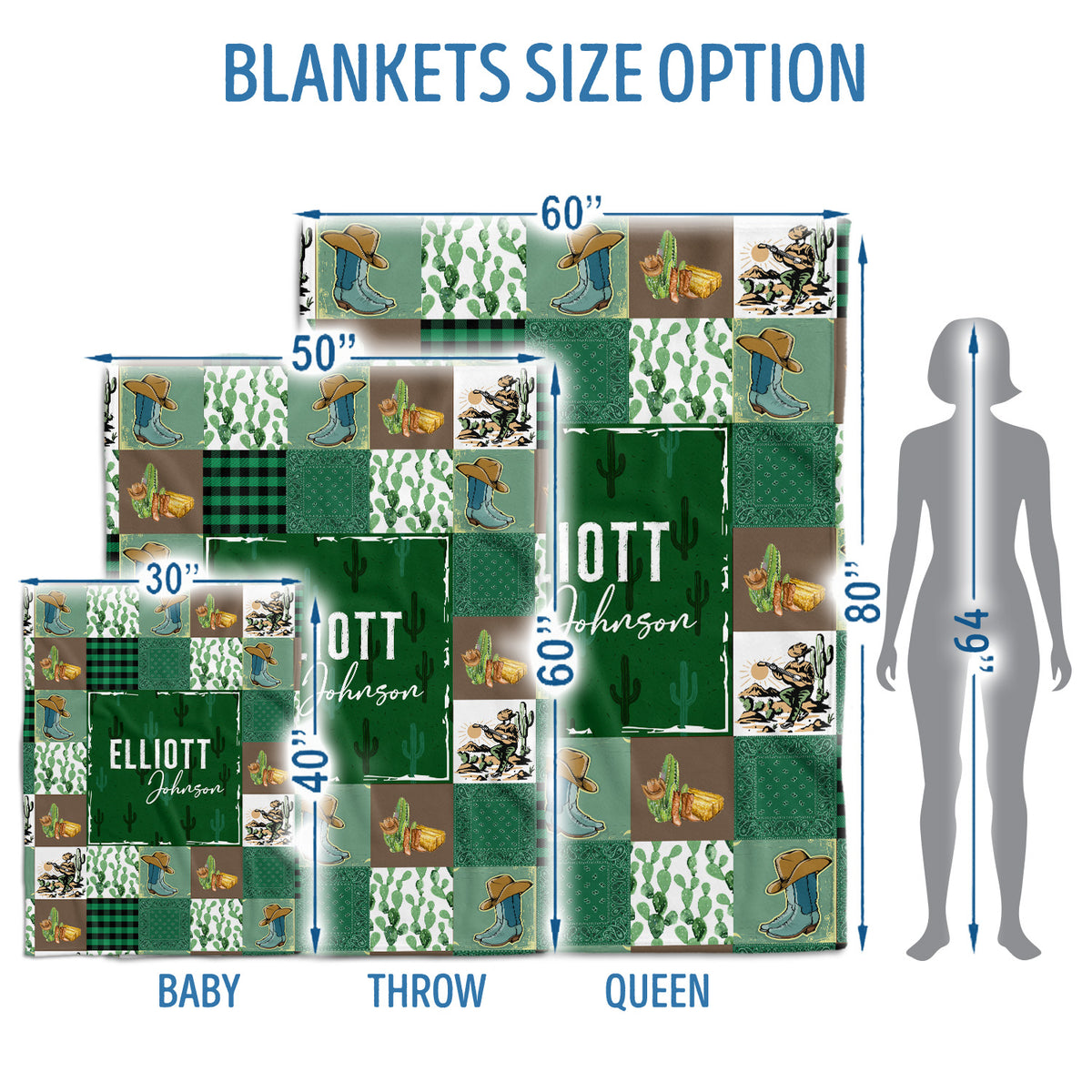 Western Baby Blankets, Green Cactus Pattern, Personalized, 100% Polyester, Soft & Silky, Unisex, Crib & Room Decor