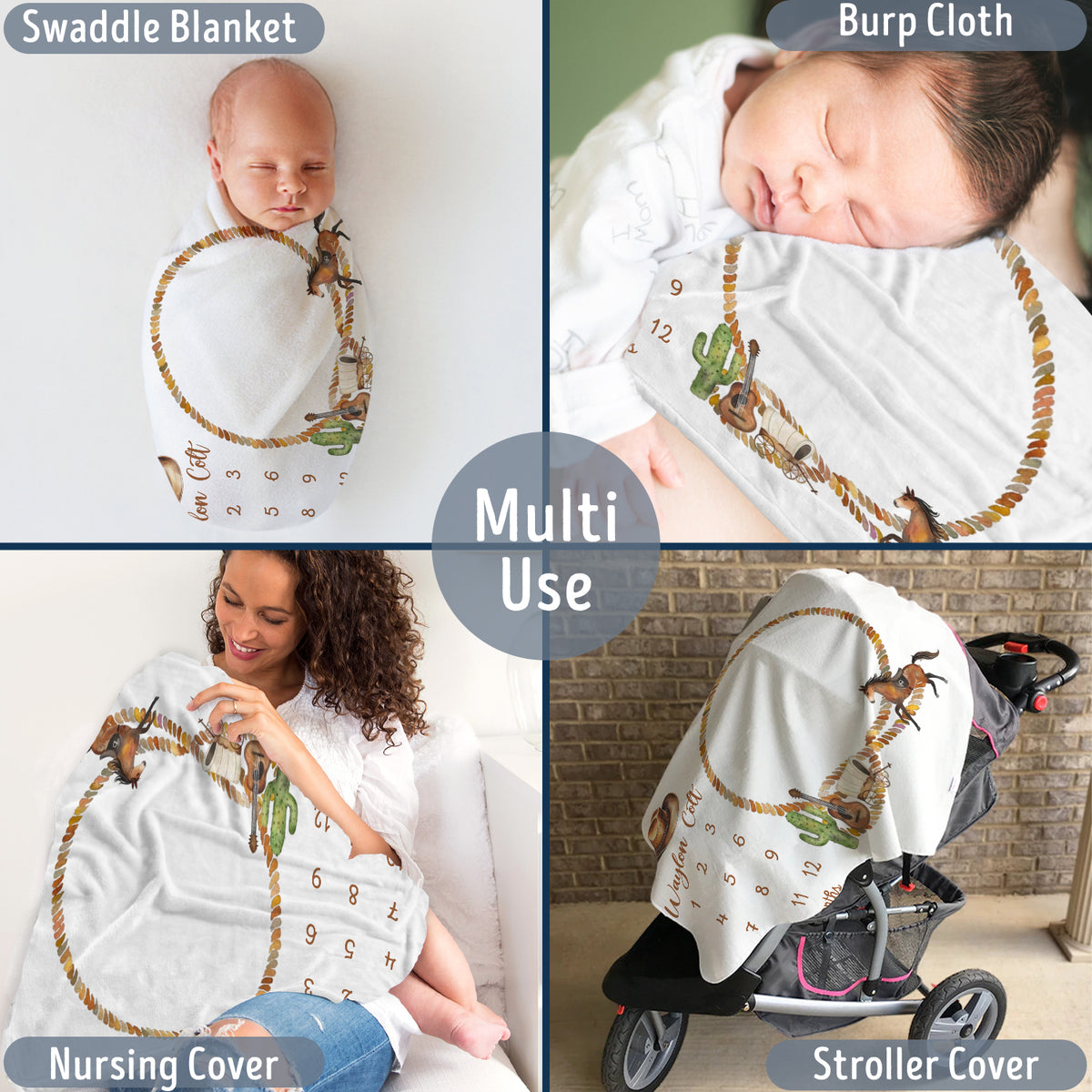 Western Baby Blankets - Personalized Cowboy Blanket with Name, Custom Monthly Milestone Blanket, Baby Photography Backdrop Prop