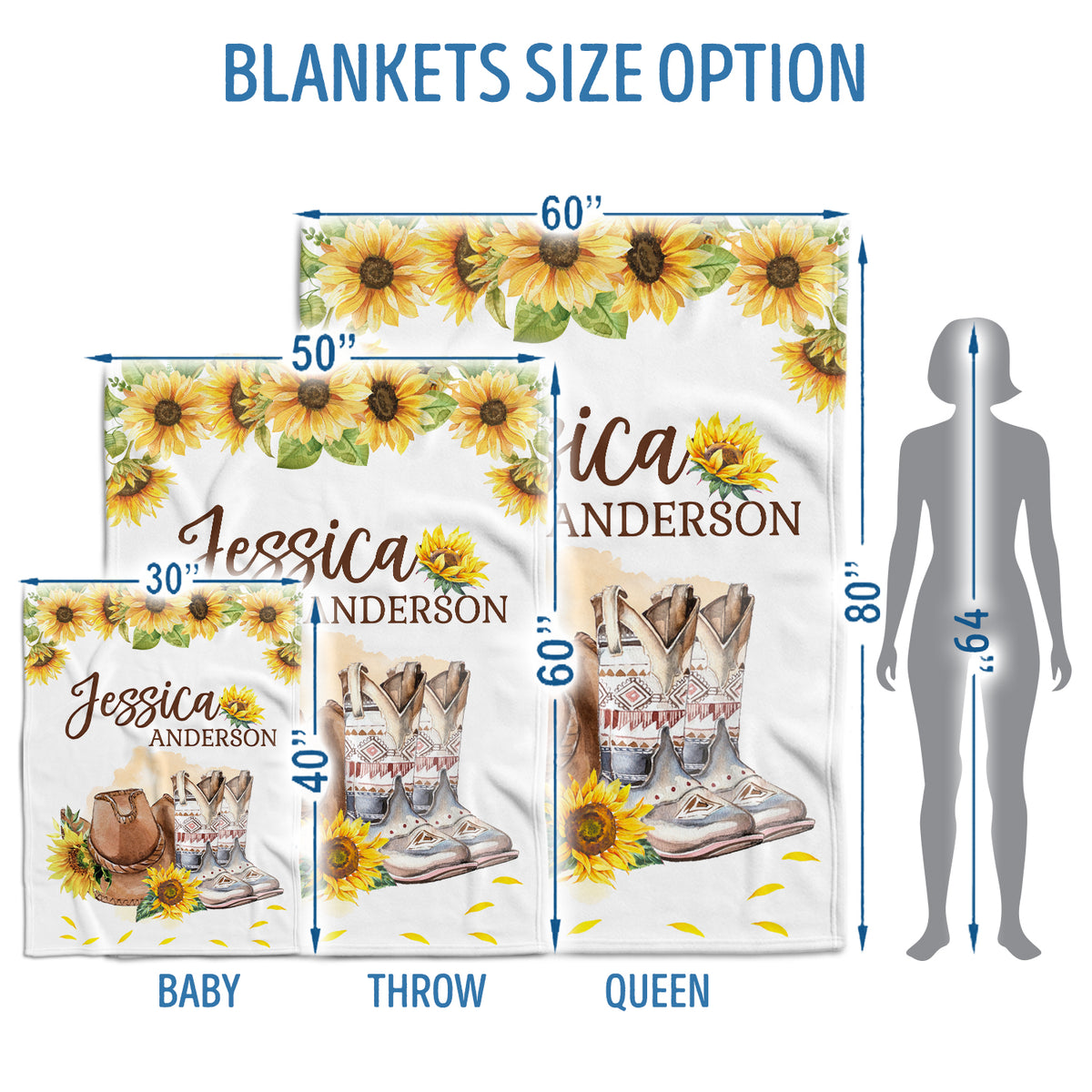 Western Personalized Baby Blanket for Girls - Custom Cowgirl Swaddle With Sunflowers, Floral Plush Blanket for Newborn Infant Daughter or Granddaughter