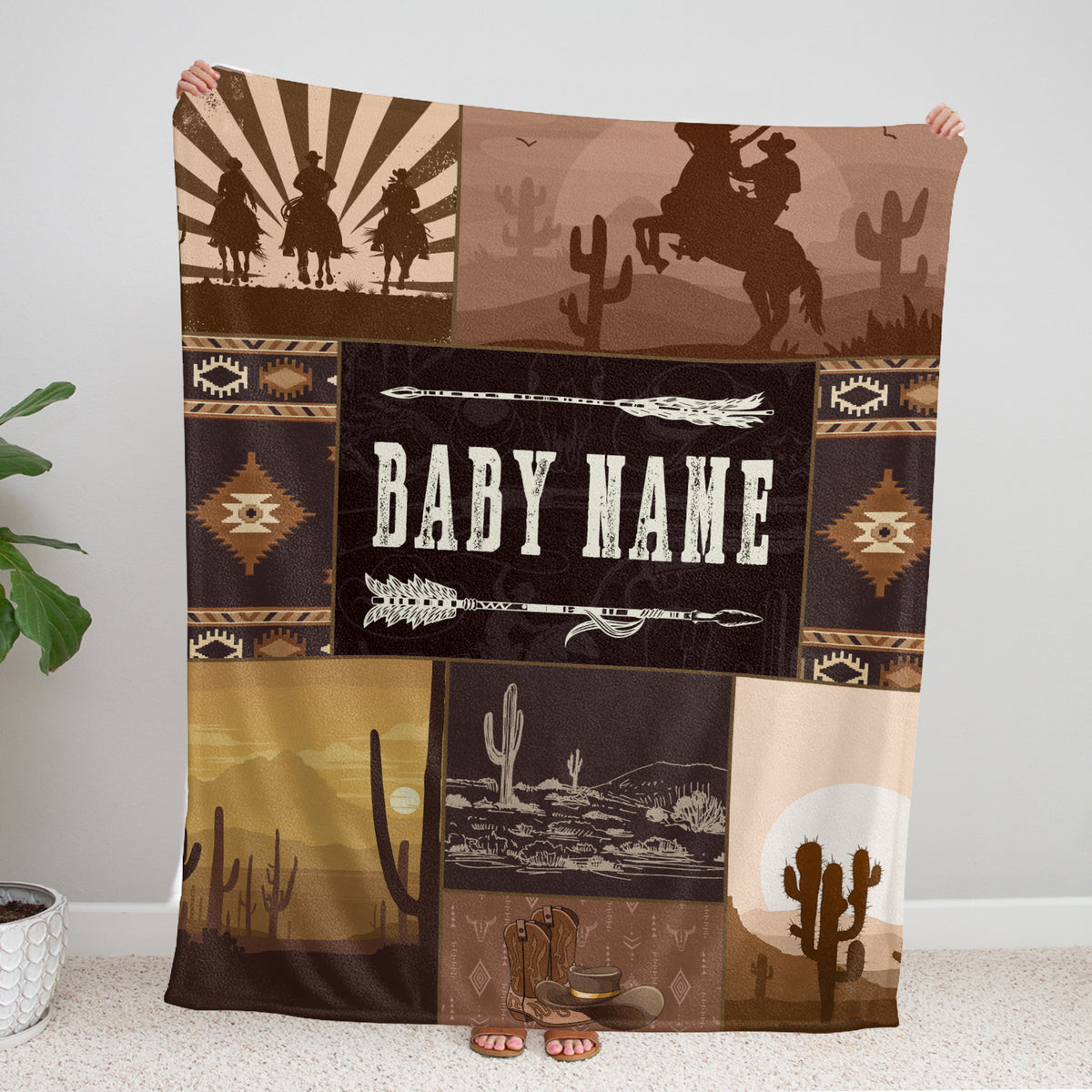 Western Personalized Baby Blankets - Brown Cowboy Fleece Blankets for Boys & Girls, 3 Sizes for Infant Newborn Son & Daughter