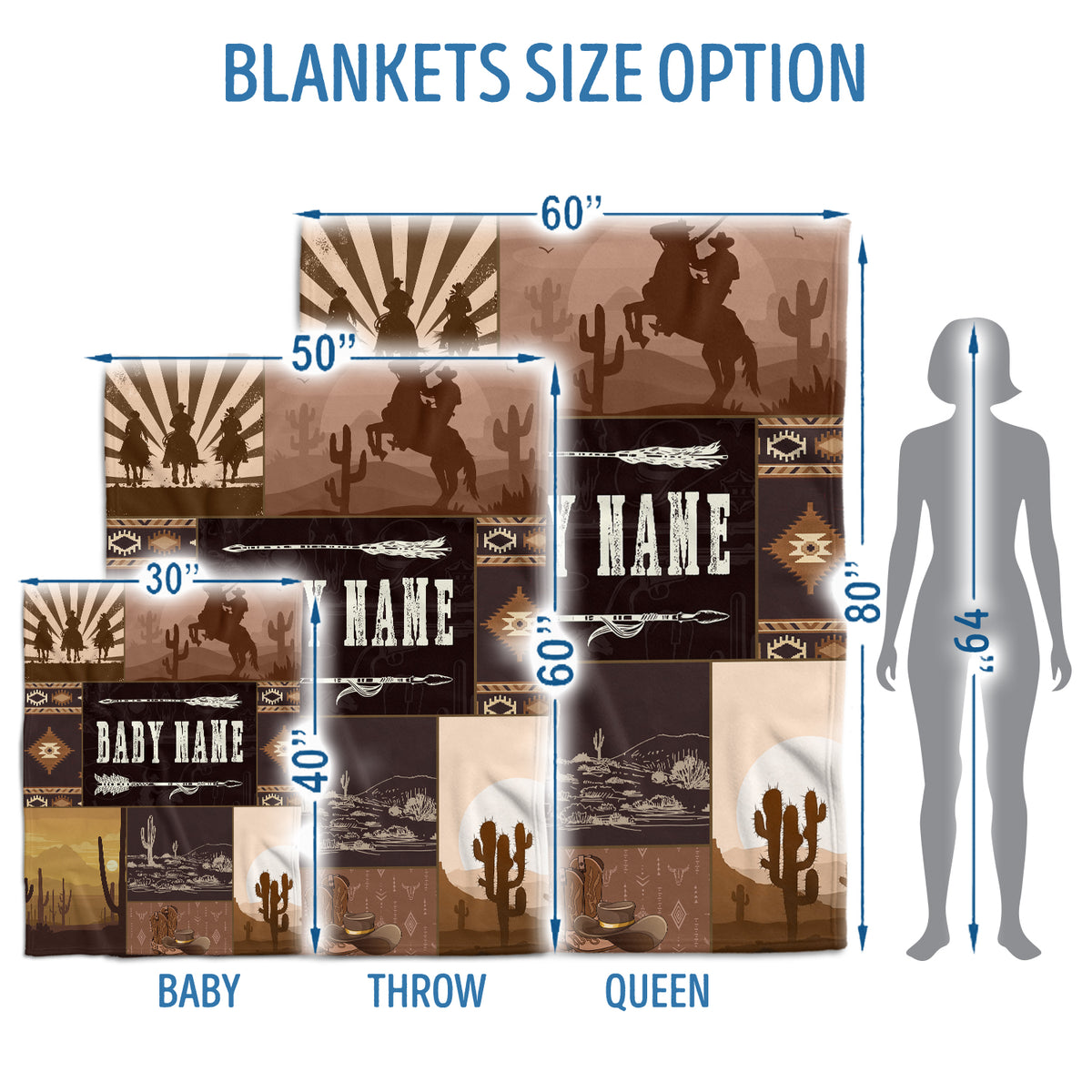 Western Personalized Baby Blankets - Brown Cowboy Fleece Blankets for Boys & Girls, 3 Sizes for Infant Newborn Son & Daughter