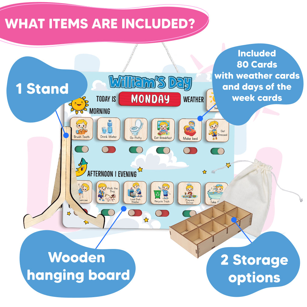 Wooden Chore Chart for Kids, Daily Routine Chart for Kids, Visual Schedule, Chore Reward Chart, Toddler Routine Board Custom Name