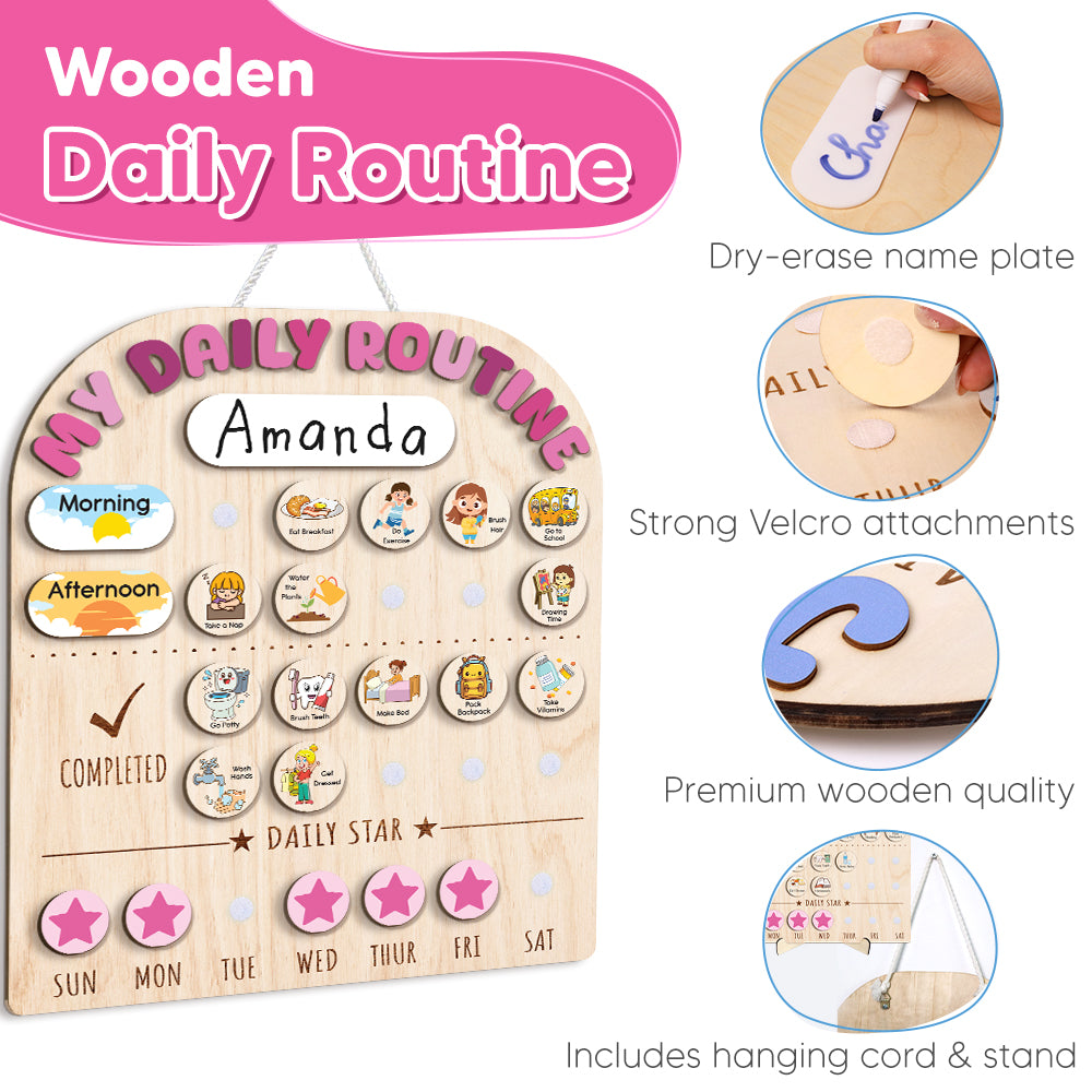 Wooden Toddler Routine Chart For Kids, Chore Chart For Kids, Daily Routine Chart For Girls, Behavior Chart For Kids