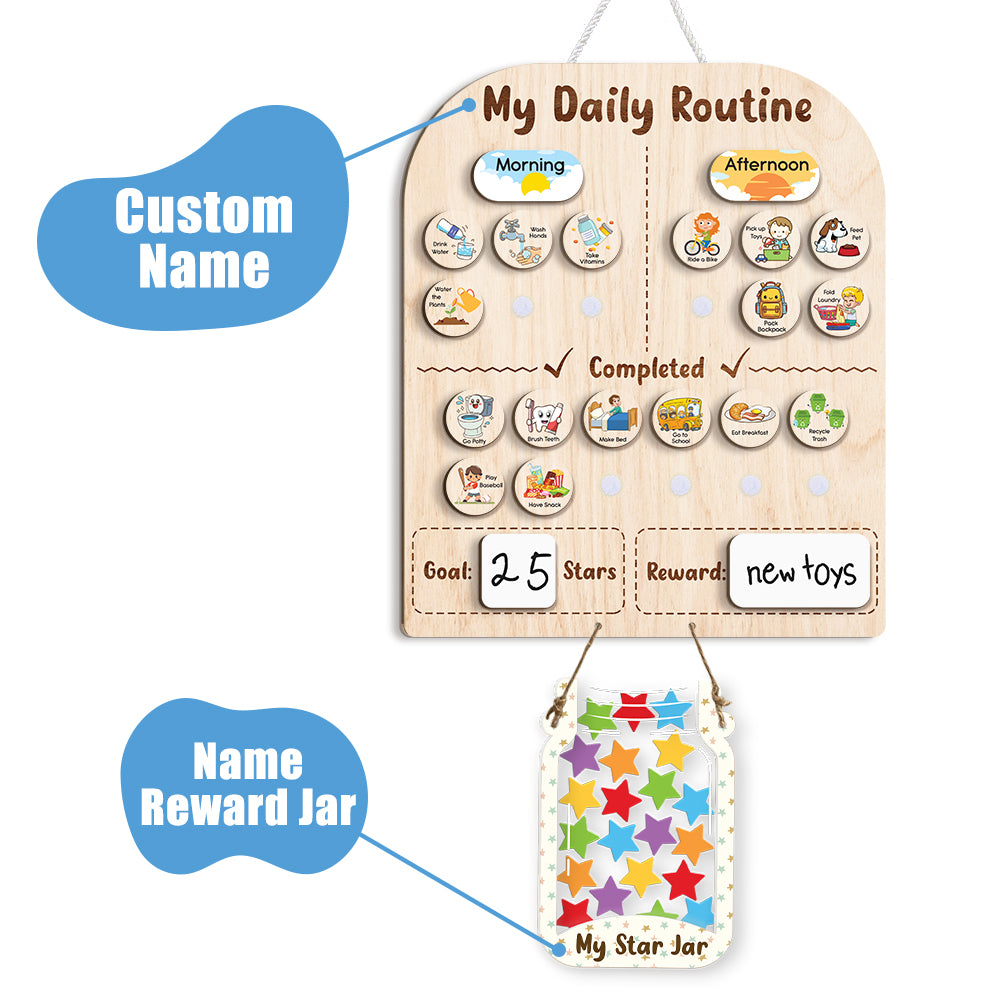 Wooden Daily Routine For Kids, Morning Routine Chart For 3 Year Old, Chore Chart For Kids With Star Jar