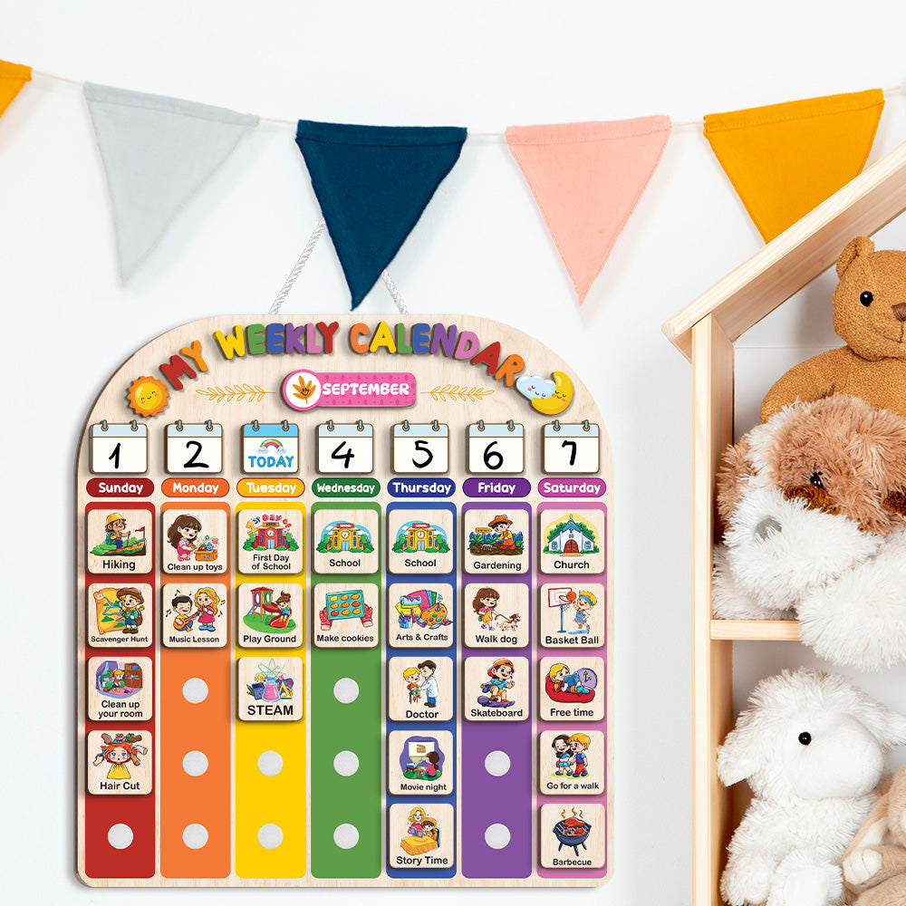 Wooden Weekly Calendar for Kids, Kids Weekly Planner, Large Week's Routine for Toddler, Daily Weekly Routine for Boys Girls Age 3+