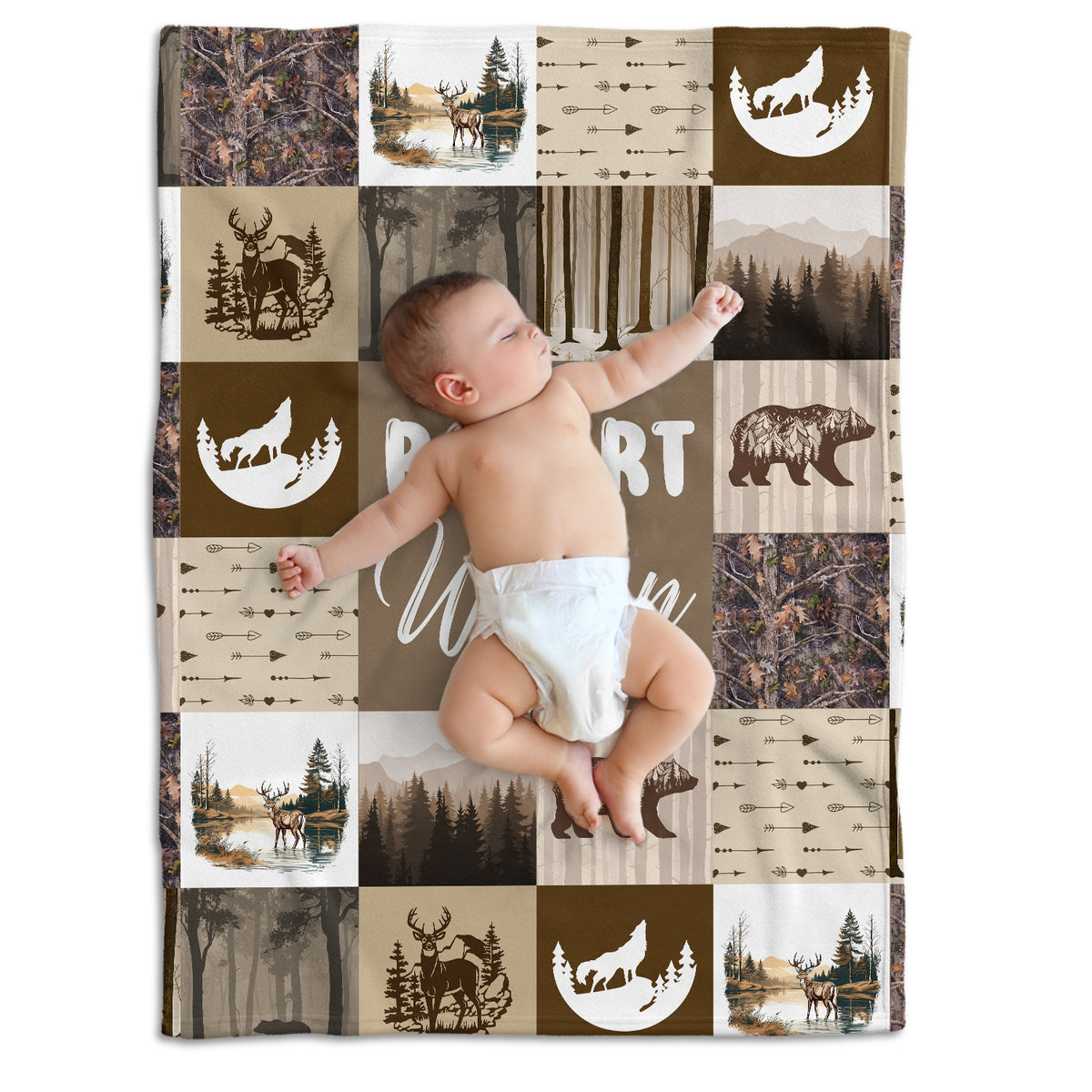 Woodland Baby Blanket - Personalized Custom Name for Boys Girls, Brown Swaddle, Plush Crib Blanket for Newborn Infant Son, 3 Sizes