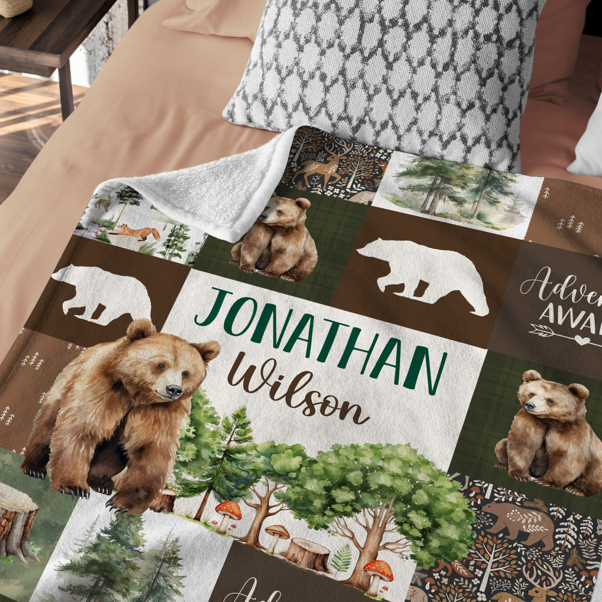 Woodland Baby Blankets, Personalized Baby Blankets for Boys Girl, Custom Name Blanket Bear Theme, Nursery Decor, for Son Daughter