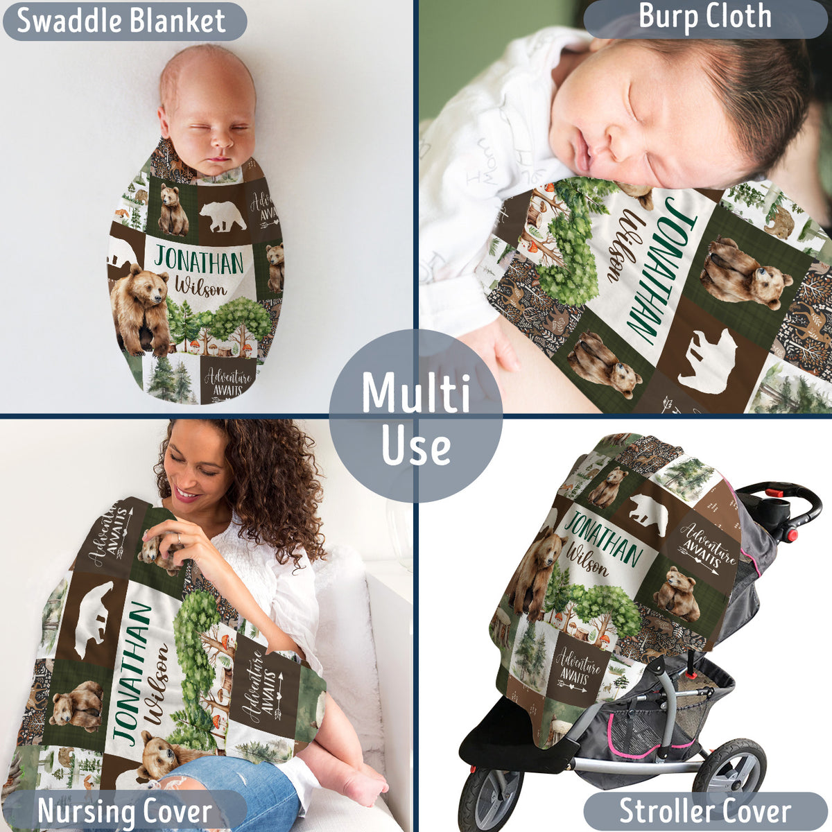 Woodland Baby Blankets, Personalized Baby Blankets for Boys Girl, Custom Name Blanket Bear Theme, Nursery Decor, for Son Daughter