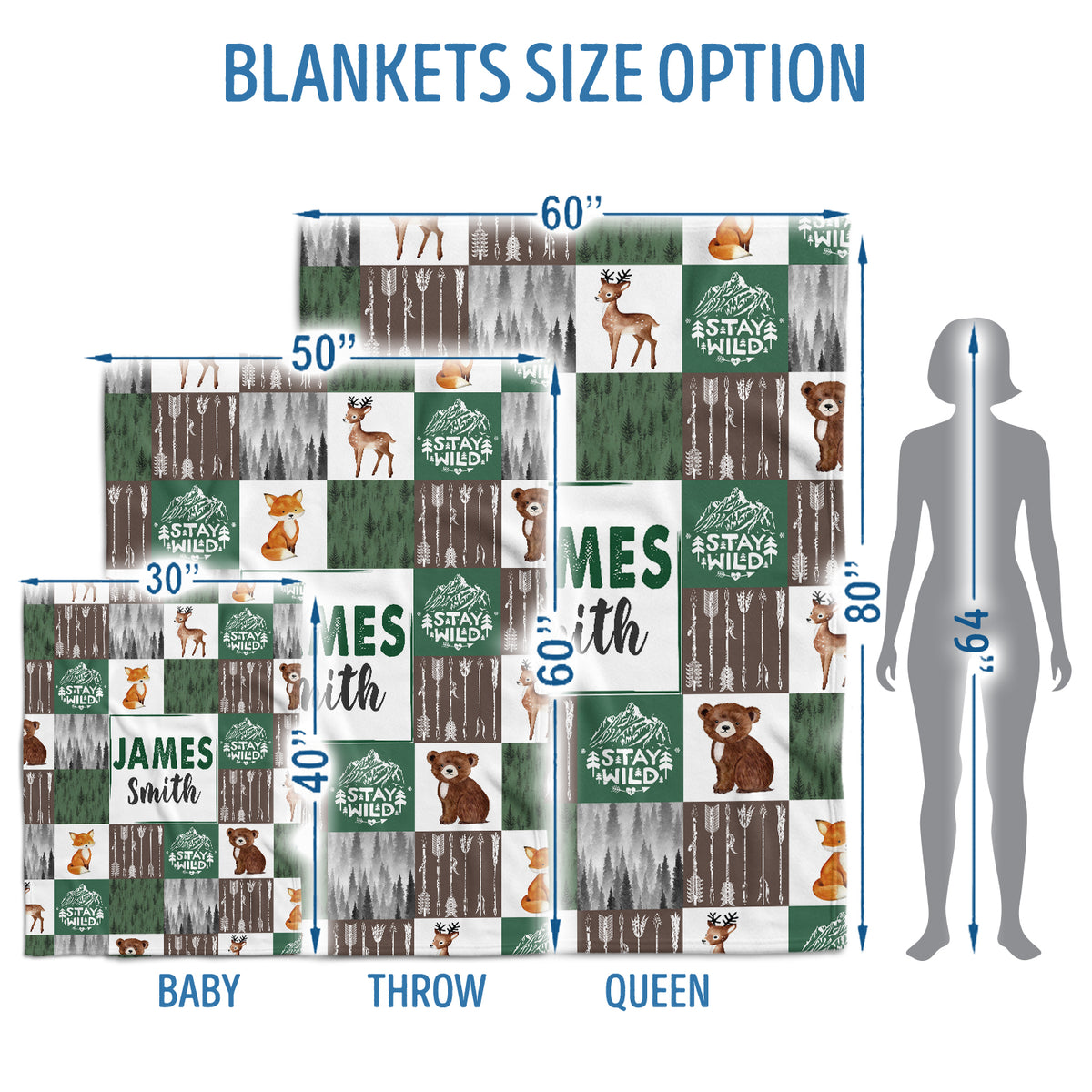 Woodland Blanket, Soft Polyester Baby Swaddle, Personalized Baby Blankets for Boys, 3 Sizes