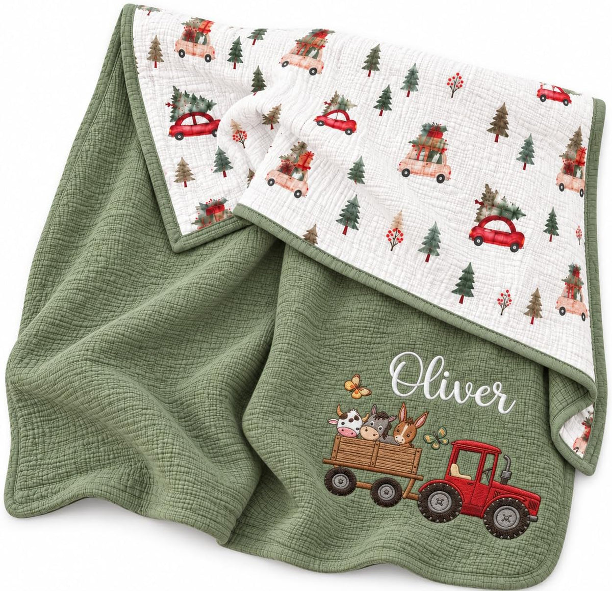 LilaLand Personalized Baby Blanket - Green / Christmas Tree / Farm Animals