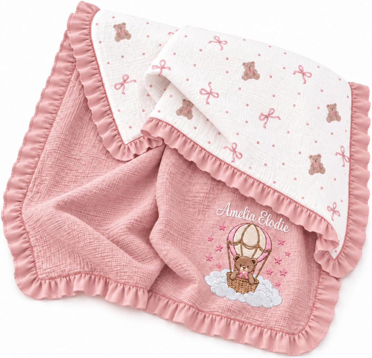 LilaLand Personalized Baby Blanket - Pink / Bear / Balloon Bear