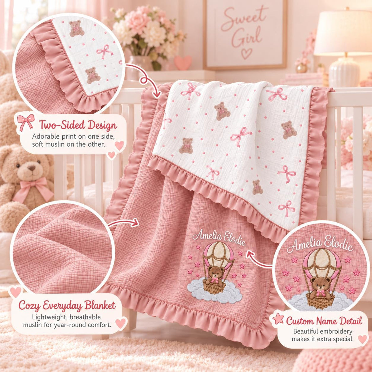 LilaLand Personalized Baby Blanket - Pink / Bear / Balloon Bear - detail 2