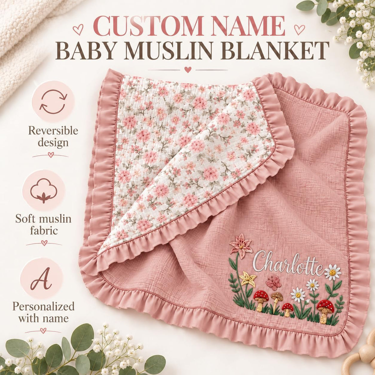 LilaLand Personalized Baby Blanket - Pink / Floral / Botanical Mushroom - detail 2