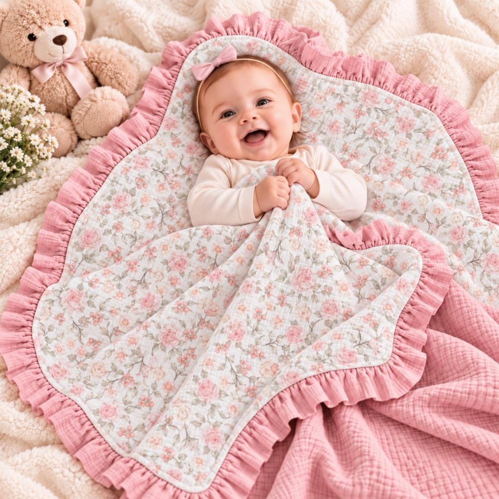 LilaLand Personalized Baby Blanket - Pink / Floral / Botanical Mushroom - detail 6