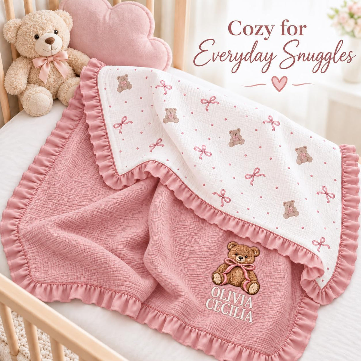 LilaLand Personalized Baby Blanket - Pink / Bear / Baby Bear - detail 3