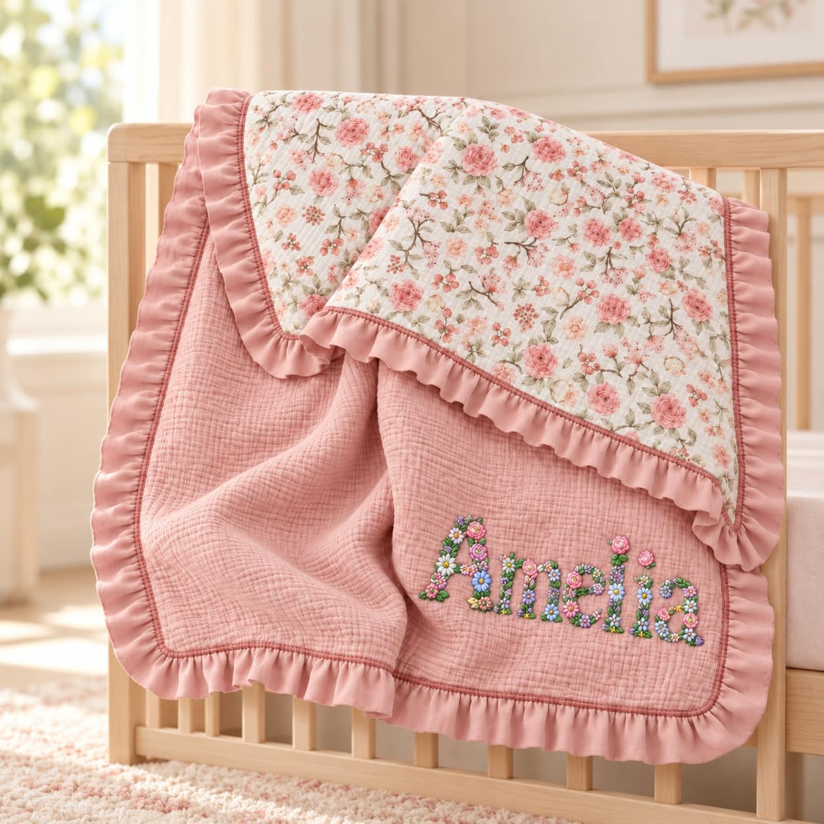 LilaLand Personalized Baby Blanket - Pink / Floral / Floral Name - detail 3