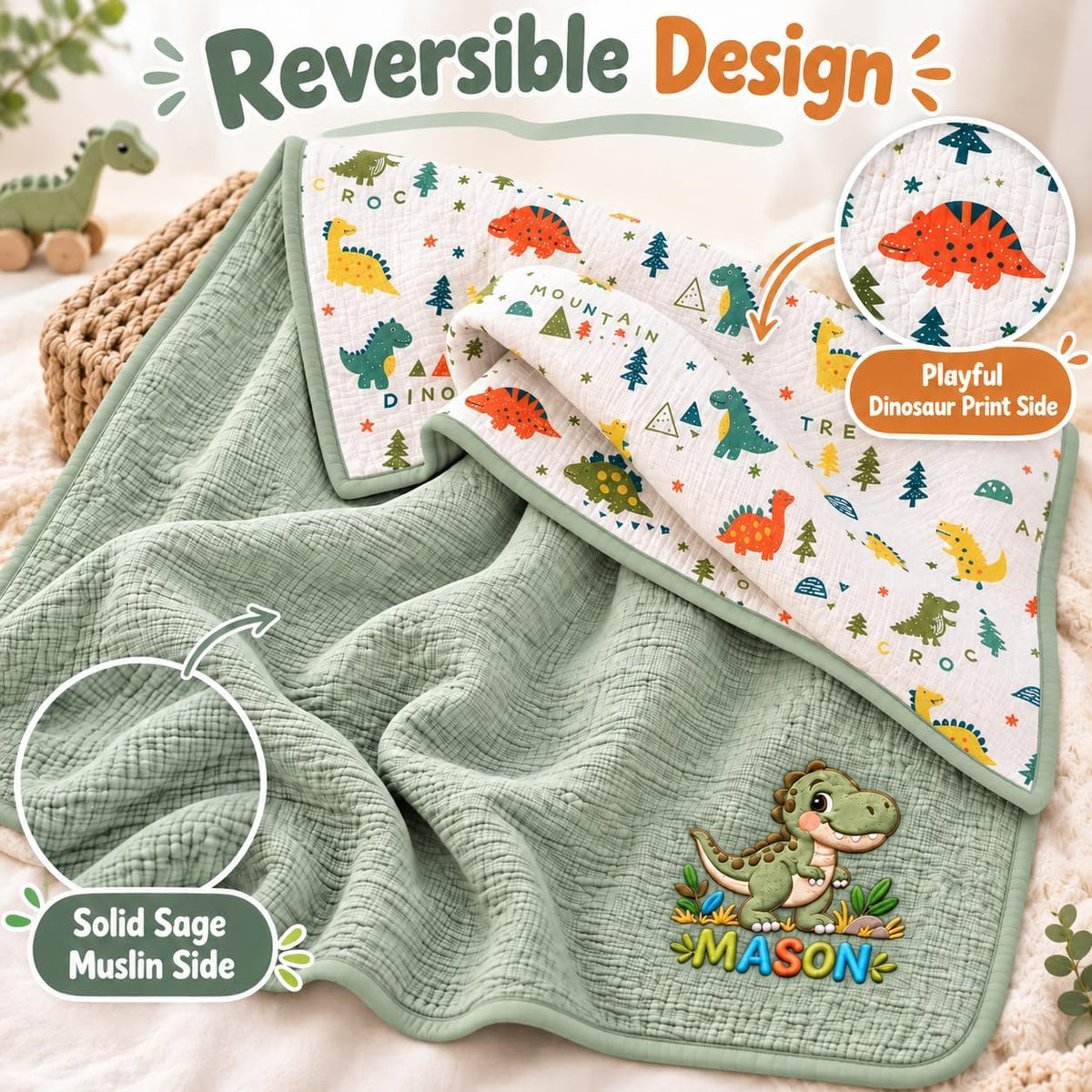 LilaLand Personalized Baby Blanket - Green / Dinosaur / Dino - detail 4