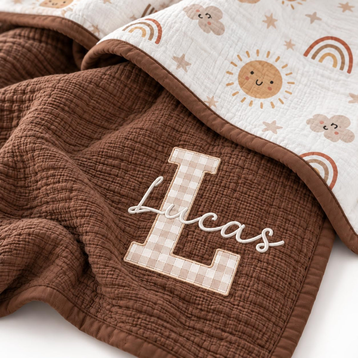LilaLand Personalized Baby Blanket - Brown / Boho Rainbow / Monogram