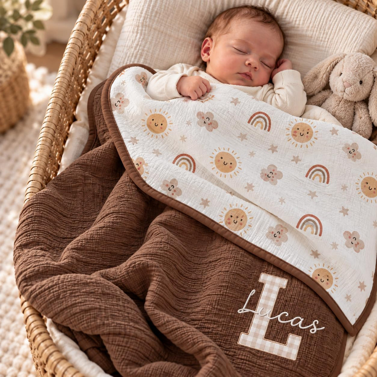 LilaLand Personalized Baby Blanket - Brown / Boho Rainbow / Monogram - detail 2