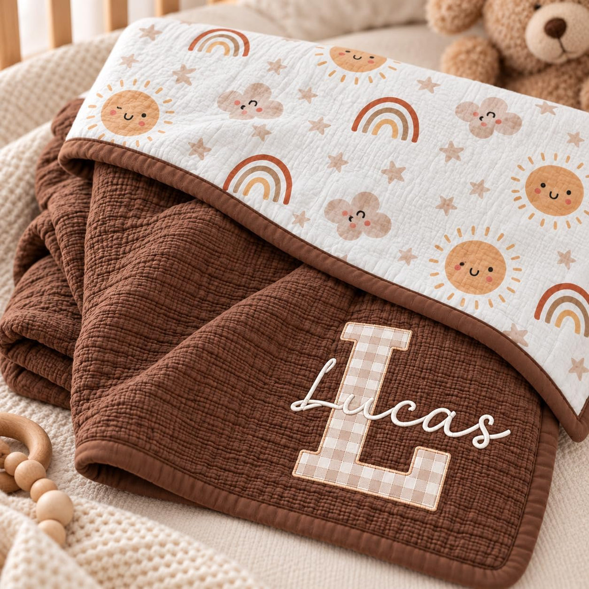 LilaLand Personalized Baby Blanket - Brown / Boho Rainbow / Monogram - detail 3