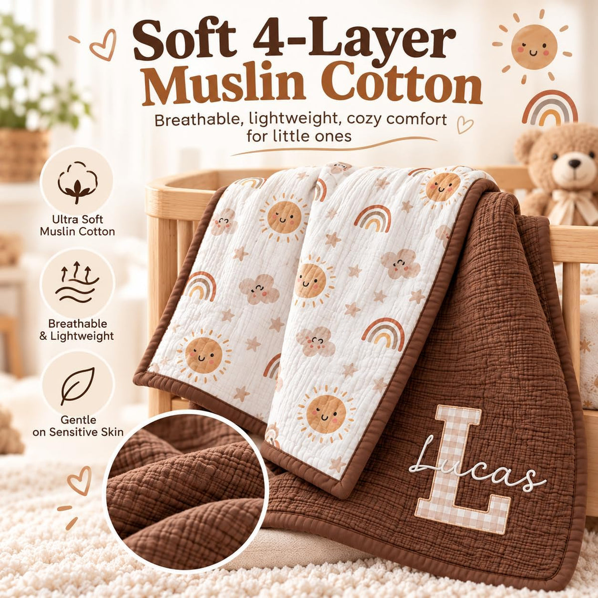 LilaLand Personalized Baby Blanket - Brown / Boho Rainbow / Monogram - detail 4