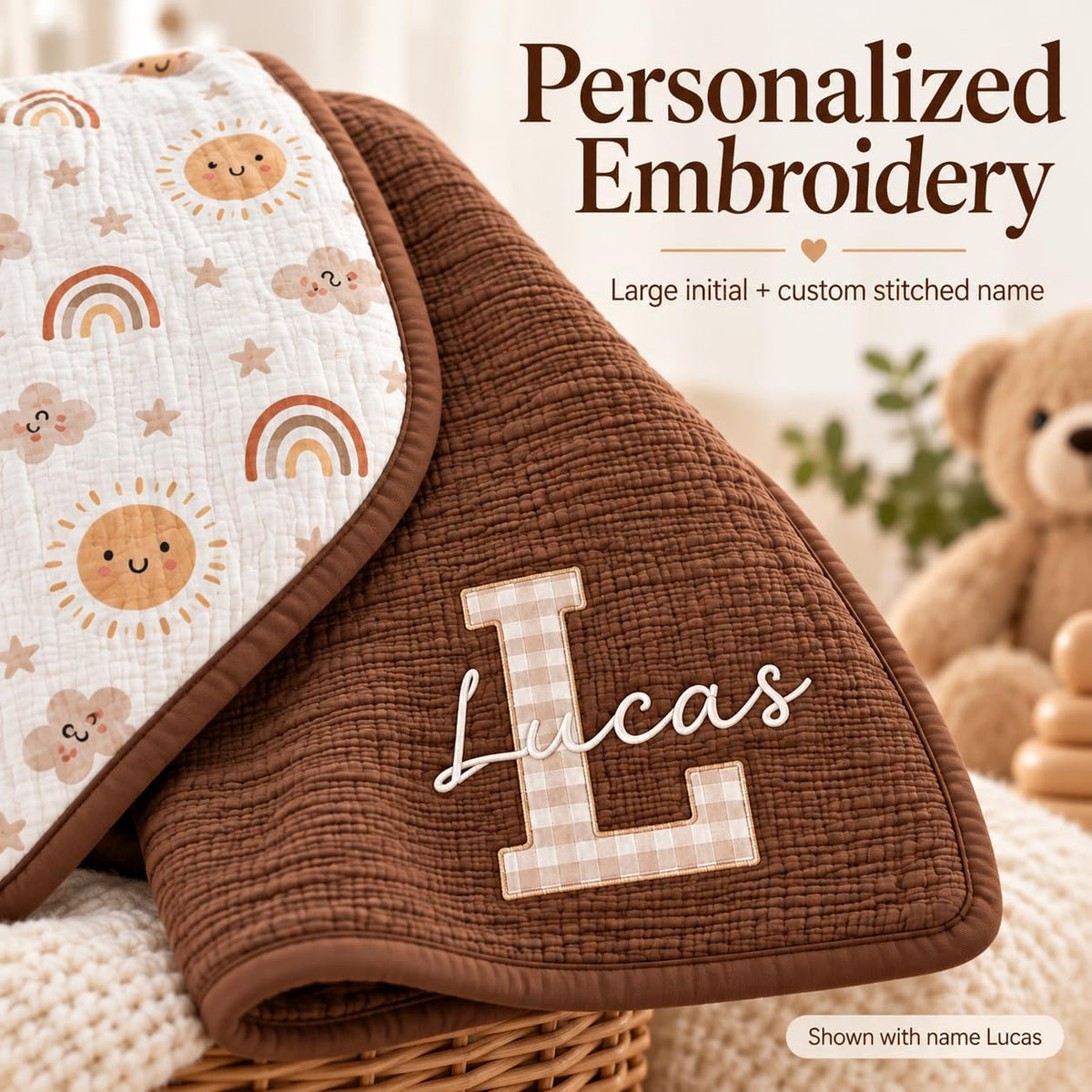 LilaLand Personalized Baby Blanket - Brown / Boho Rainbow / Monogram - detail 5