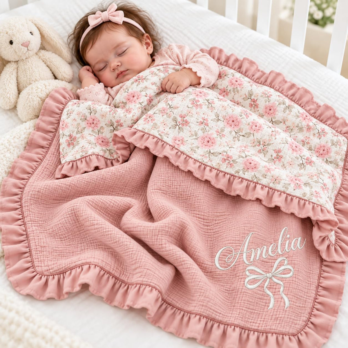 LilaLand Personalized Baby Blanket - Pink / Floral / Bow - detail 1