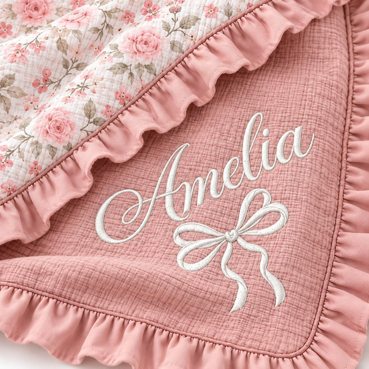 LilaLand Personalized Baby Blanket - Pink / Floral / Bow - detail 3