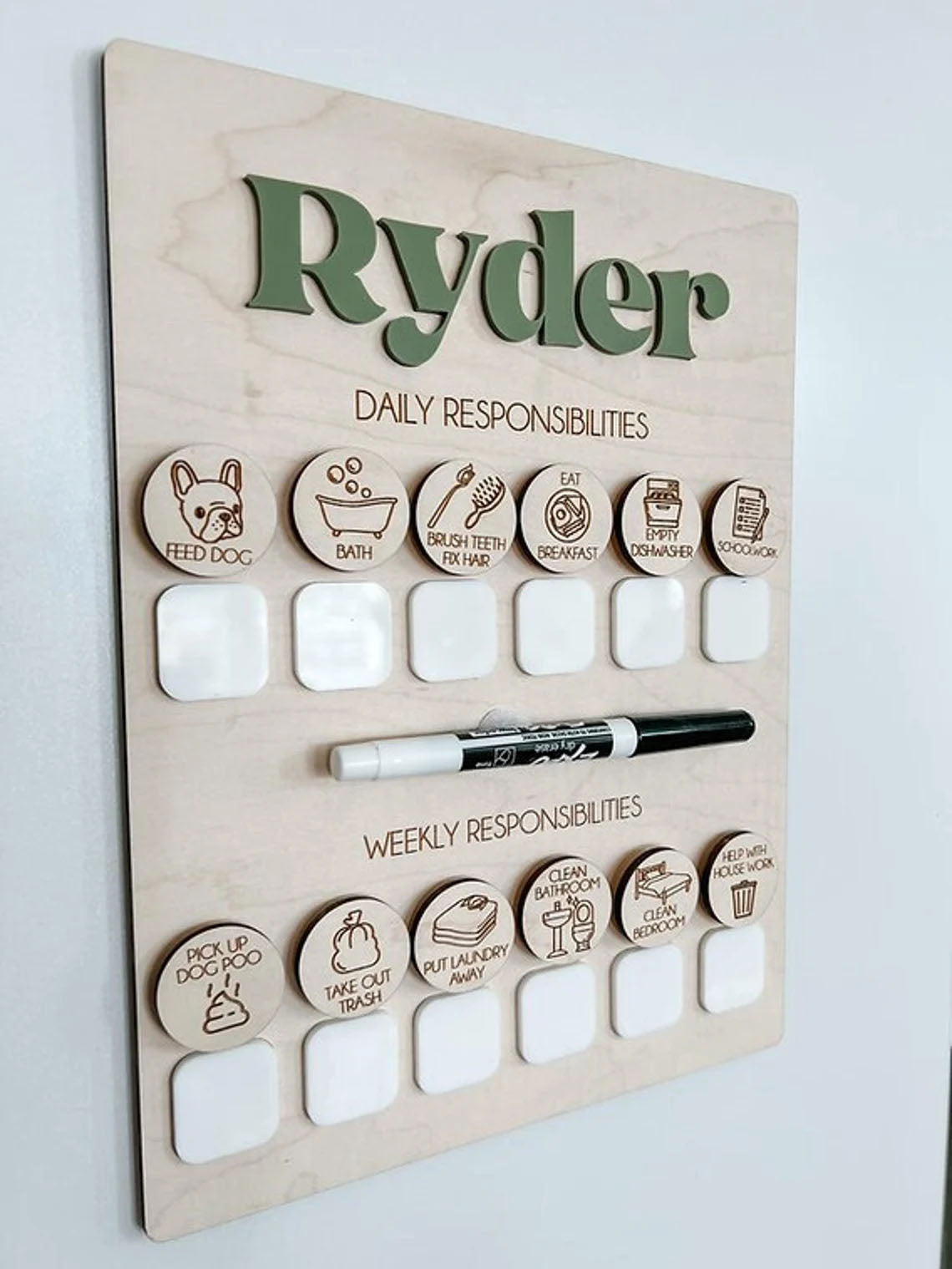 Custom Kids Dry Erase Chore Chart, Weekly Responsibilities Sign Custom Name