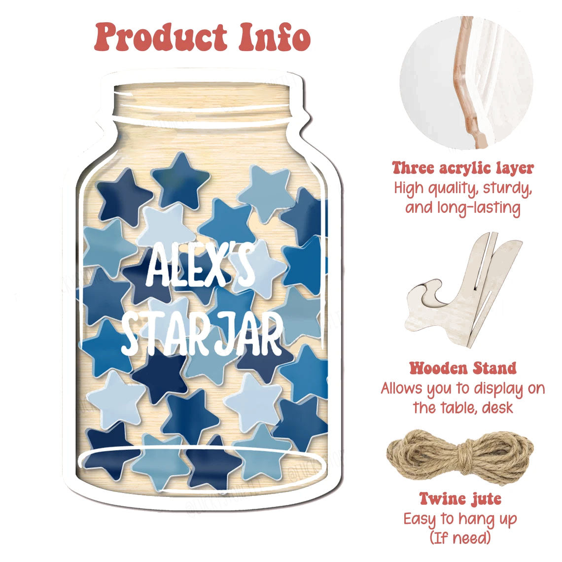 Custom Kids Reward Jar With Blue Stars, Rainbow Classroom Teacher Star Jar