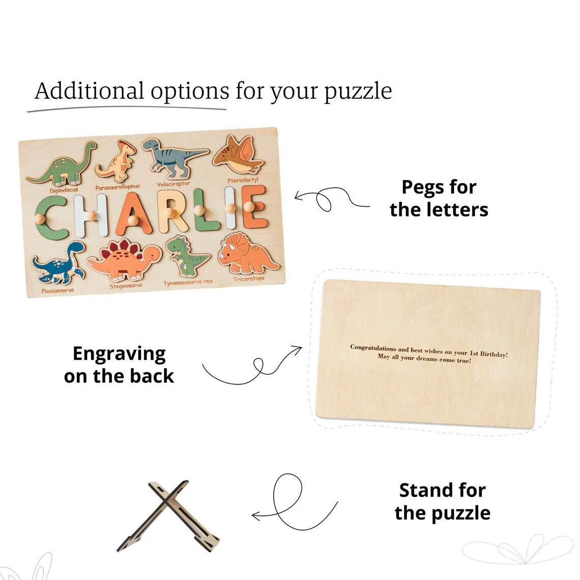 Personalized Dinosaur Name Puzzle Whith Pegs, Montessori Toys Of Kids