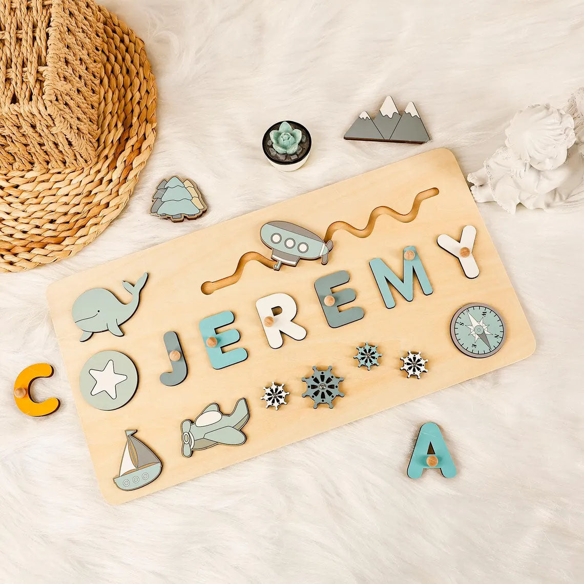 Ocean Nursery Decor, Personalized Name Puzzle With Whale-Submarine, Montessori Toys Of Kids