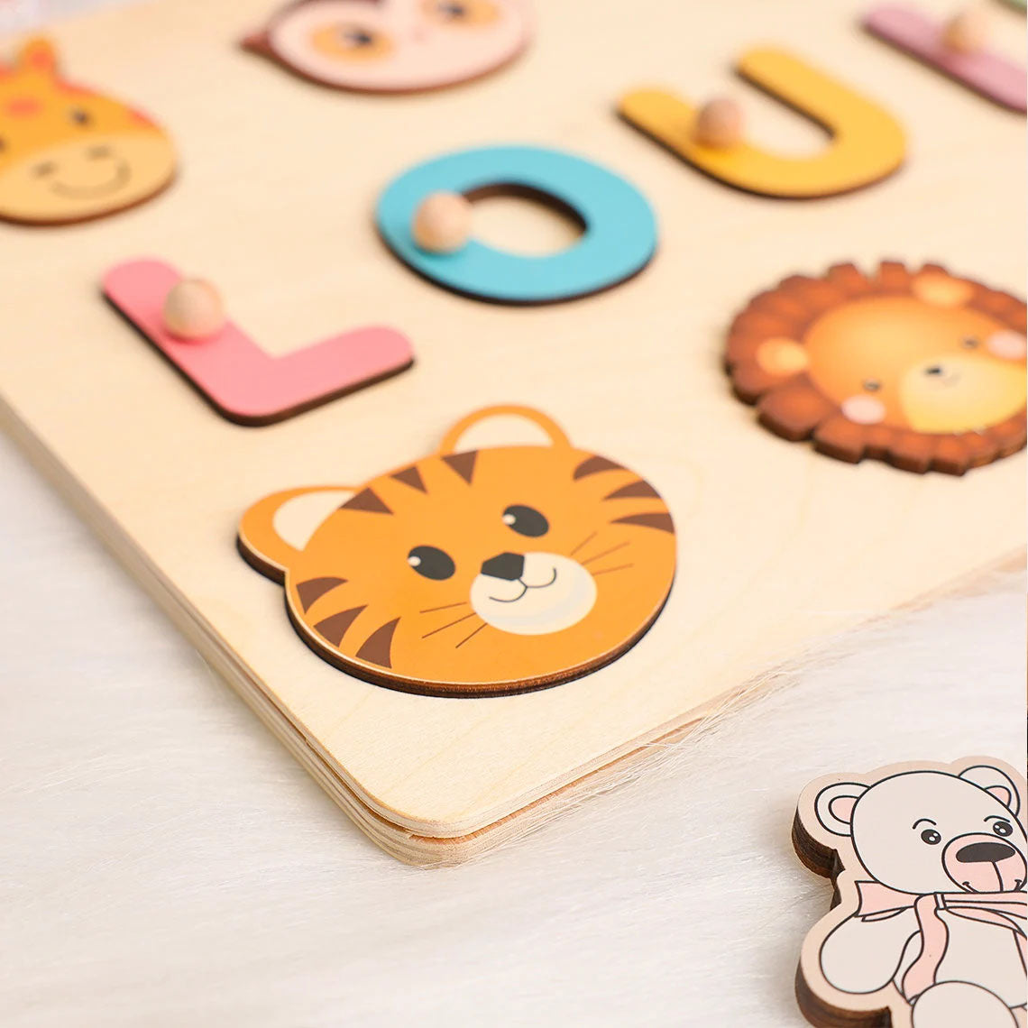 Personalized Baby Name Puzzle With Animals, Handmade Wooden, Montessori Toys Board, Back To School Gift