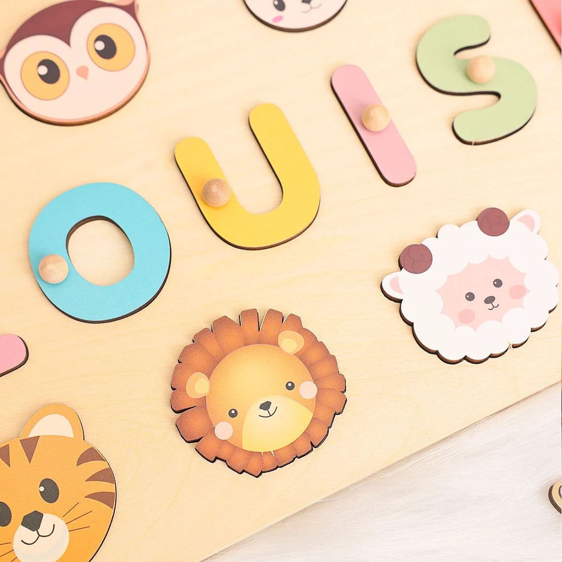 Personalized Baby Name Puzzle With Animals, Handmade Wooden, Montessori Toys Board, Back To School Gift