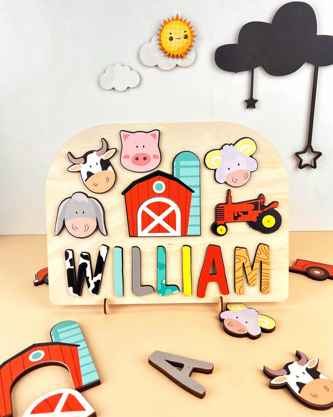 Personalized Baby Name Puzzle, Wooden Farm Animal Board, Montessori Toys