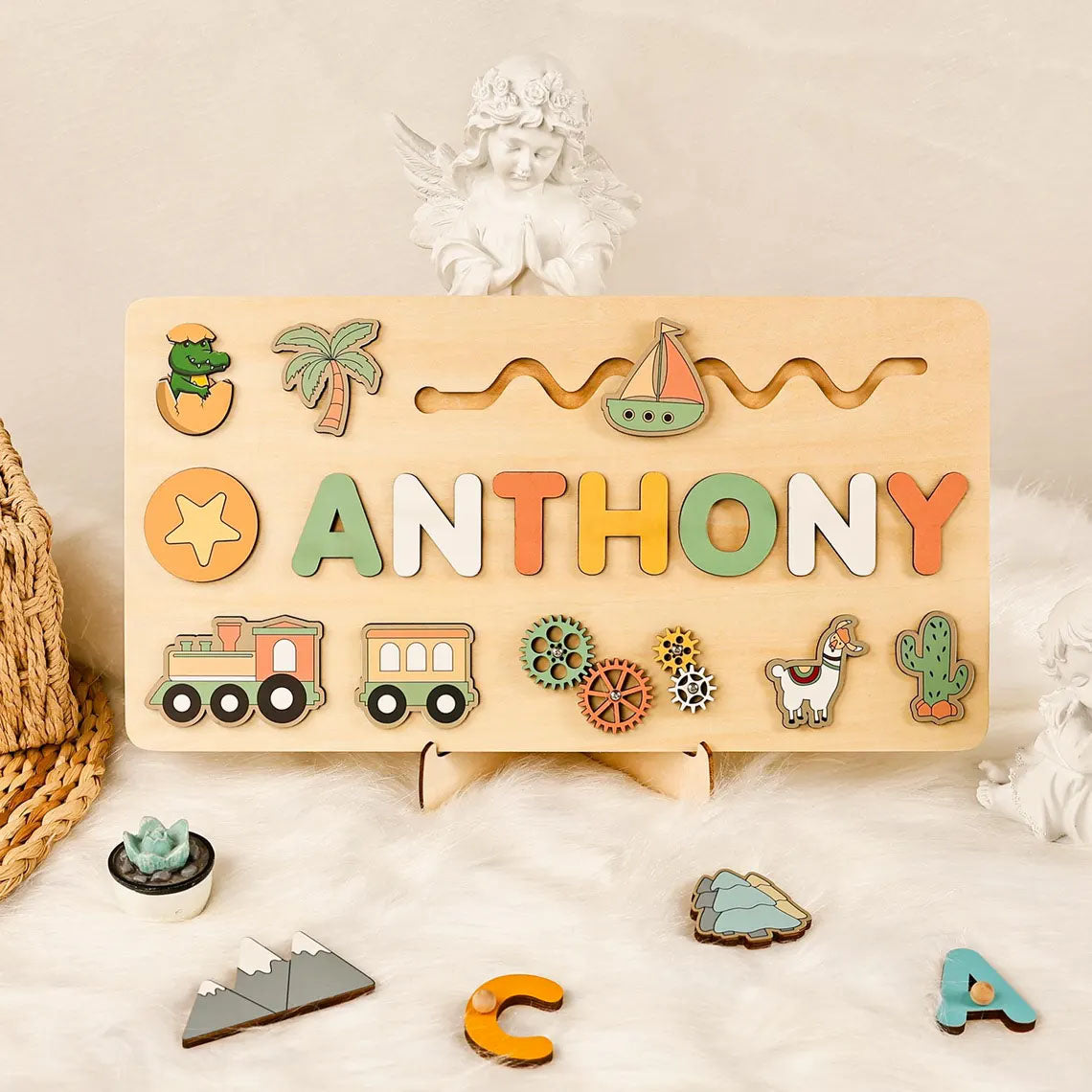 Personalized Kids Busy Board, Sensory Toy 2 Year-Old, Crocodile -Train Wooden Puzzle