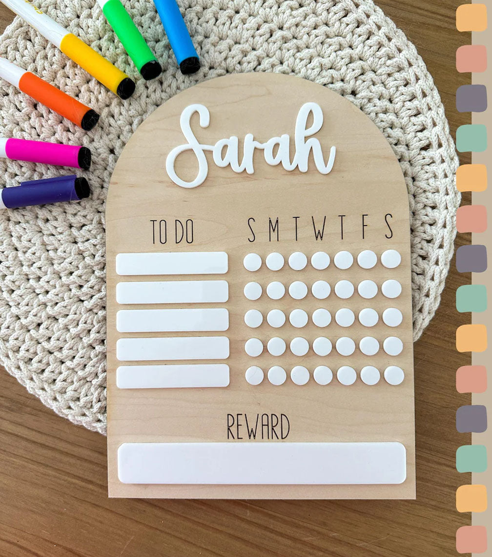 Personalized Kids Chore Chart, Acrylic and Wood Design, Custom Name