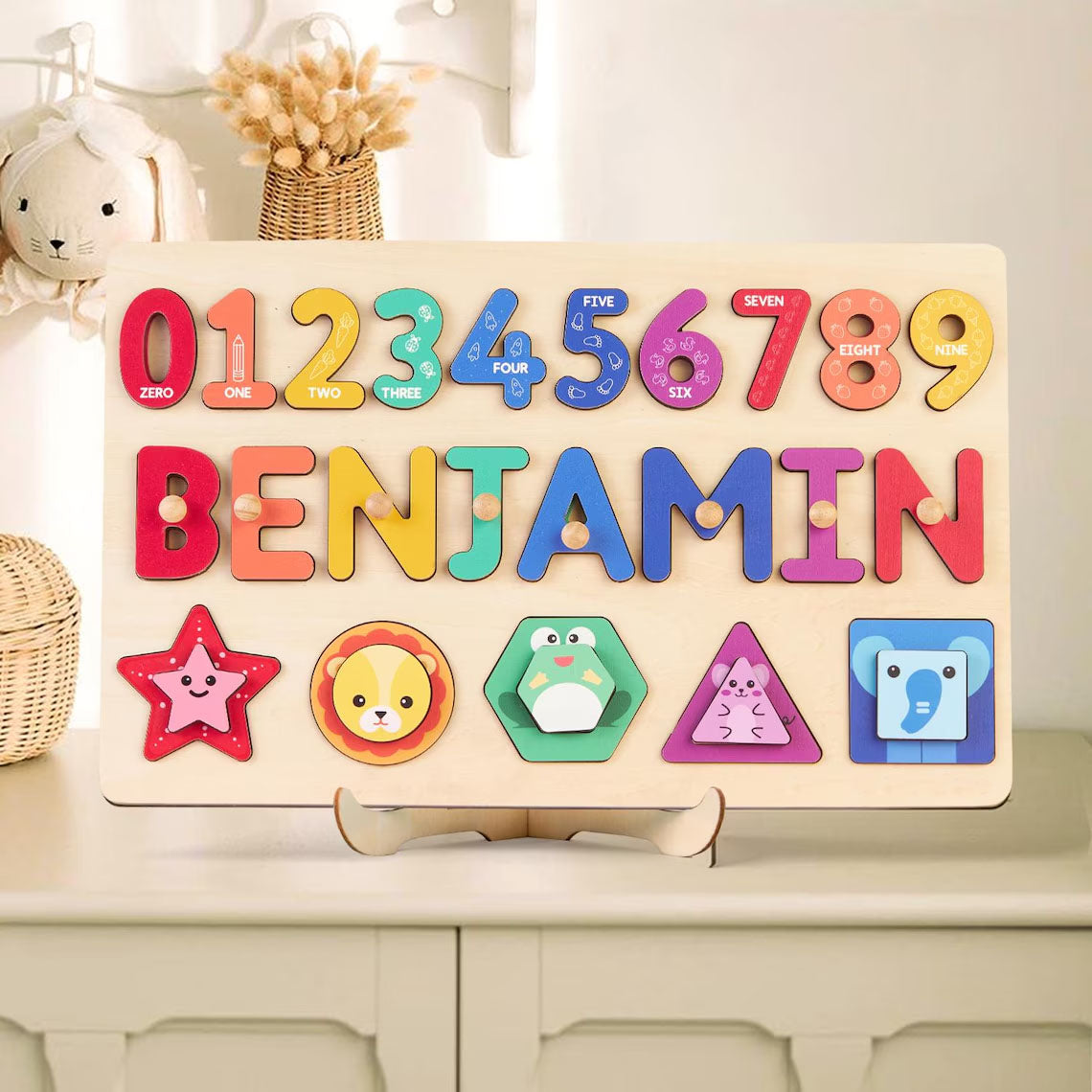 Personalized Name Puzzle With Numbers And Shapes, Gifts For Toddlers, Wooden Montessori Toys, 1st Birthday Gifts